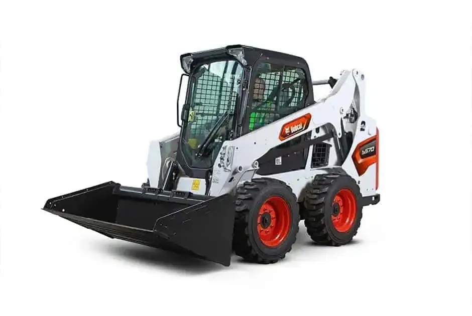 Compact skid steer loader with a black bucket and orange wheels.