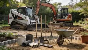 Landscaping tools and heavy machinery arranged for summer project rentals in a garden setting