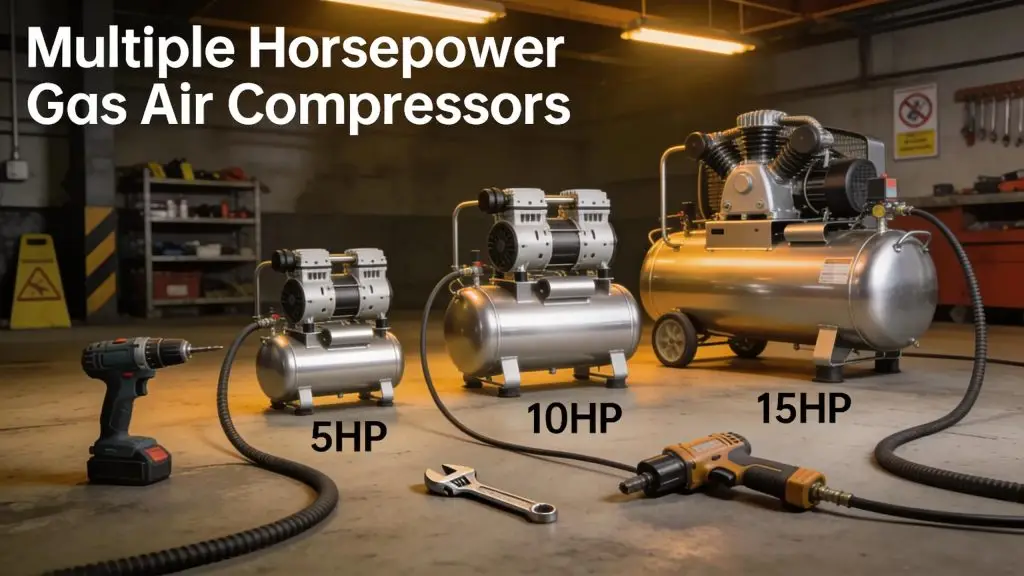 Gas air compressors in multiple horsepower options are available to power pneumatic tools used during
