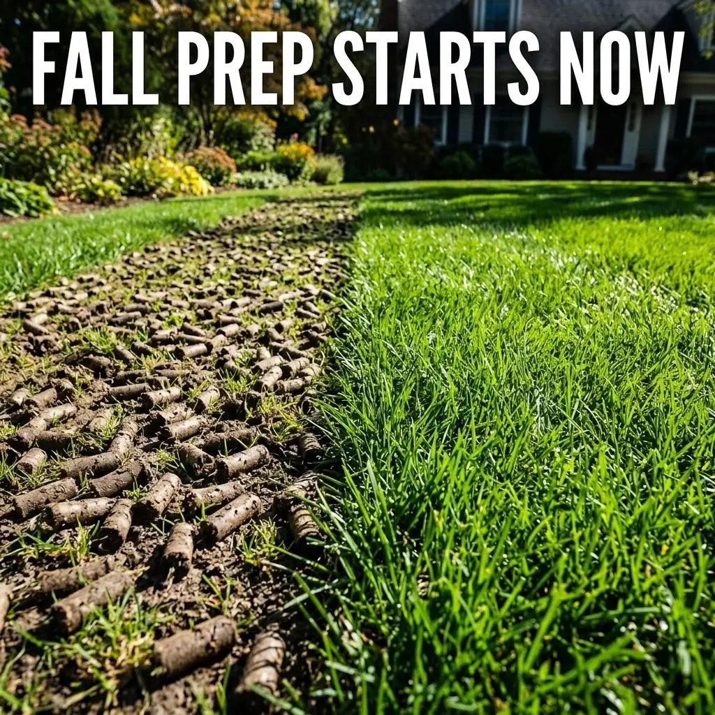 Fall lawn aeration plugs next to thick green grass in Denver